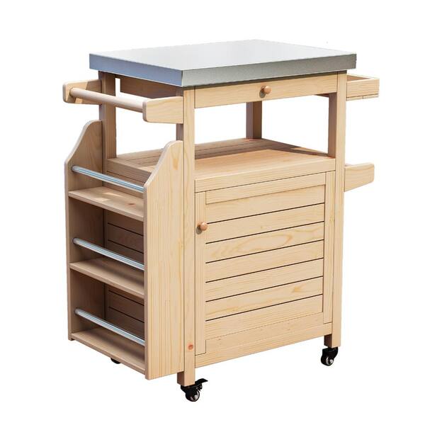 Outdoor Grill Cart with 304 Stainless Steel Top, Wooden Prep Table with Removable Shelf, Cabinet Storage and Wheels