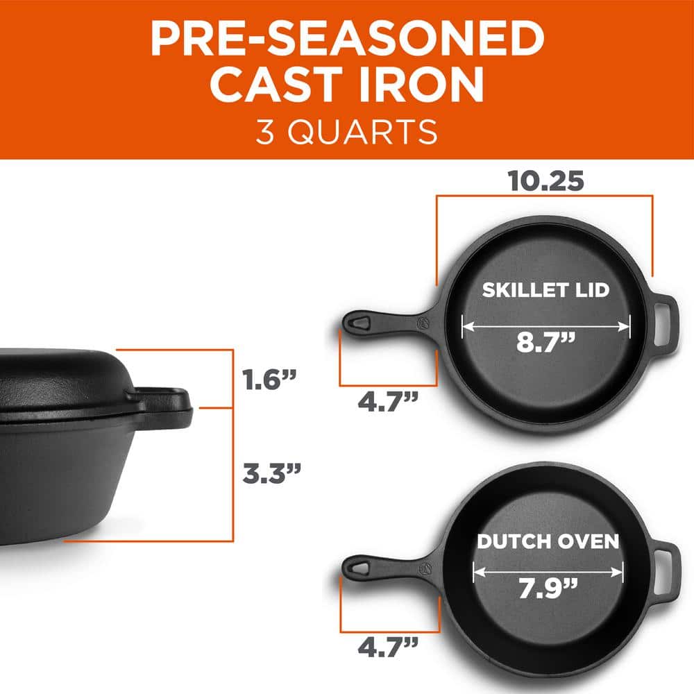Pre-Seasoned Black Cast Iron Dutch Oven with Skillet Lid