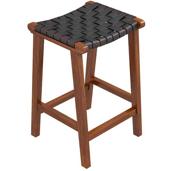 Ashcroft Furniture Co Rez 24 in. Modern Backless Square Black Genuine Leather Solid Wood Frame Counter Stool