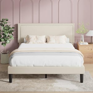 Upholstered Bed with Adjustable Headboard, No Box Spring Needed Platform Bed Frame, Bed Frame Beige Full Bed