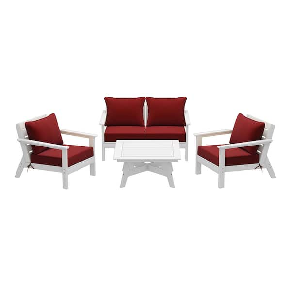 WESTIN OUTDOOR Birchwood White Arrangeable 5-Piece Outdoor Patio HDPE Deep Seating Conversation Lounge Set w/ Red Cushions