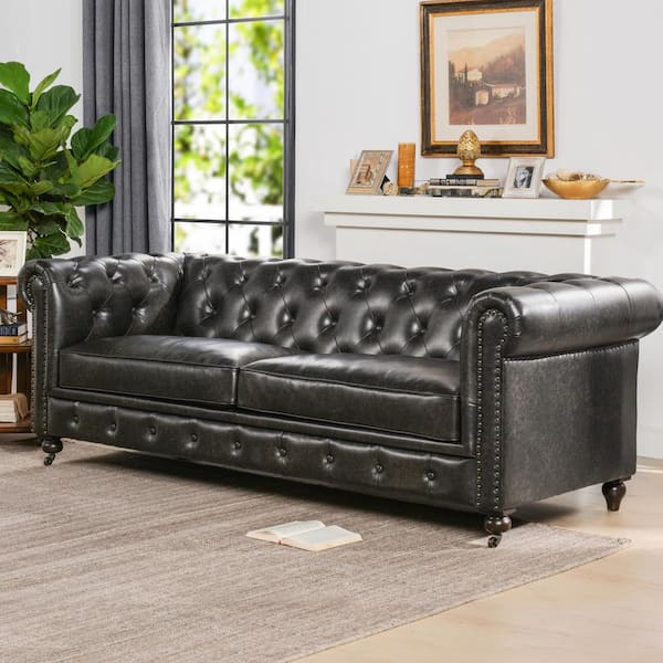 Jennifer Taylor Winston 38 In Vintage, Gray Leather Chesterfield Sofa Living Room