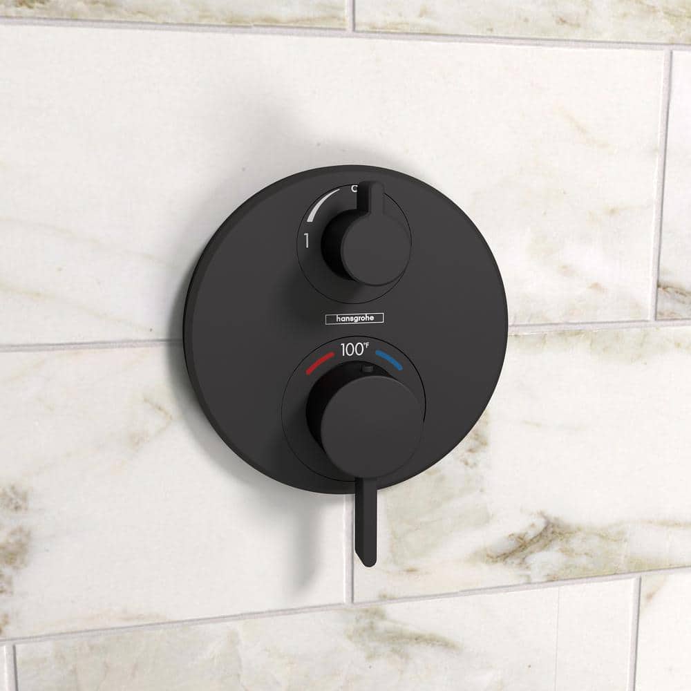 Matte Black Modern Thermostatic Shower Valve Trim with Diverter