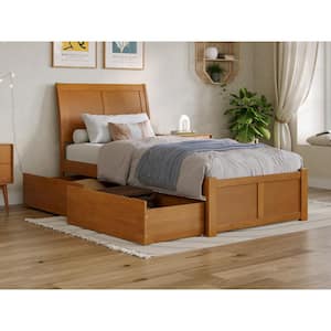 Portland Light Toffee Natural Bronze Solid Wood Frame Twin XL Platform Bed with Footboard and Storage Drawers