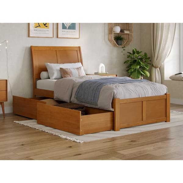 AFI Portland Light Toffee Natural Bronze Solid Wood Frame Twin XL Platform Bed with Footboard and Storage Drawers