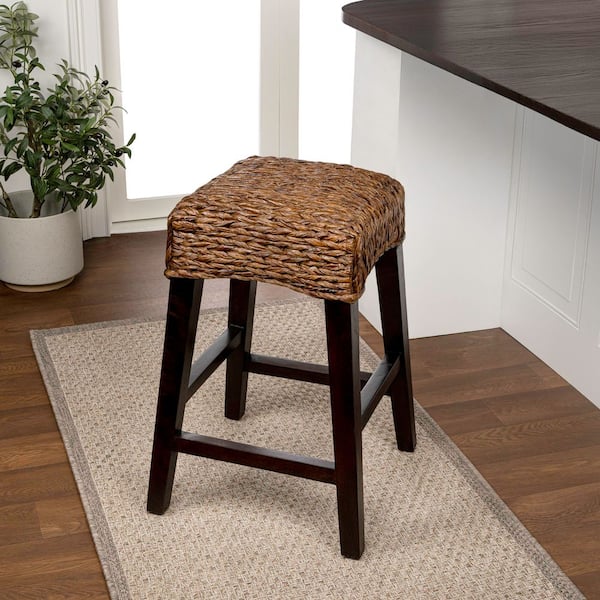 Maui 25.5 in. Rustic Bohemian Hyacinth/Wood Backless Counter Stool, Dark Brown Woven Seat with Natural Wood Frame