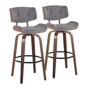 Lombardi 30.5 in. Grey Noise Fabric, Walnut Wood and Black Metal Fixed-Height Bar Stool Round Footrest (Set of 2)