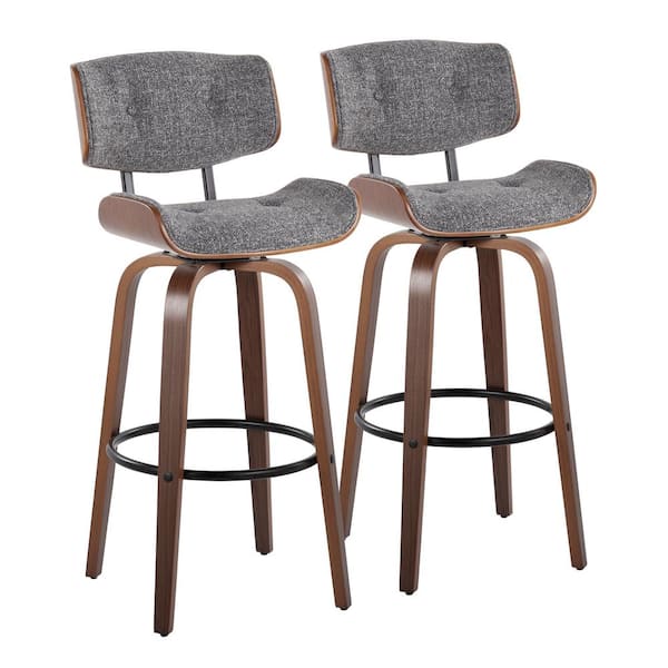 Lumisource Lombardi 30.5 in. Grey Noise Fabric, Walnut Wood and Black Metal Fixed-Height Bar Stool Round Footrest (Set of 2)