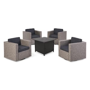 Puerta Mixed Black 5-Piece Faux Rattan Patio Fire Pit Set with Dark Grey Cushions