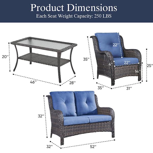 4-Piece Brown Wicker Patio Conversation Set with Olefin Blue Cushions and Lounge Chairs/Loveseat