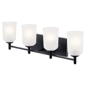 Shailene 29.75 in. 4-Light Black Traditional Bathroom Vanity Light with Satin Etched Glass