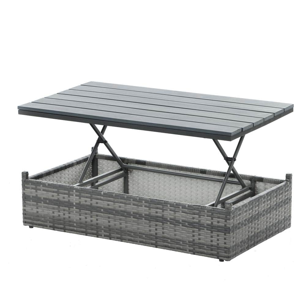 6-Person Dark Gray Wicker Outdoor Sectional Set with Blue Cushions