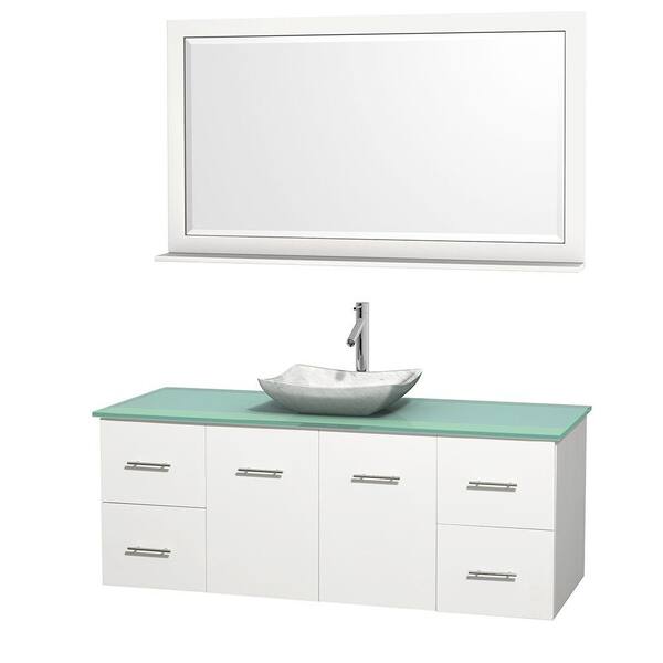 Wyndham Collection Centra 60 in. Vanity in White with Glass Vanity Top in Green, Carrara White Marble Sink and 58 in. Mirror