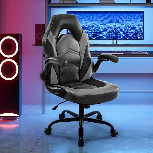 WONDER COMFORT PU Leather Adjustable Height Ergonomic Computer Desk Gaming Chair in Black Gray with Flip-up Armrest for Adults, Kids