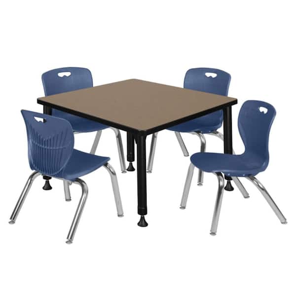 Kee 30 in. Square Noble Oak Adjustable Classroom Table Desk with Black Base and 4 Andy 12 in. Blue Stack Chairs
