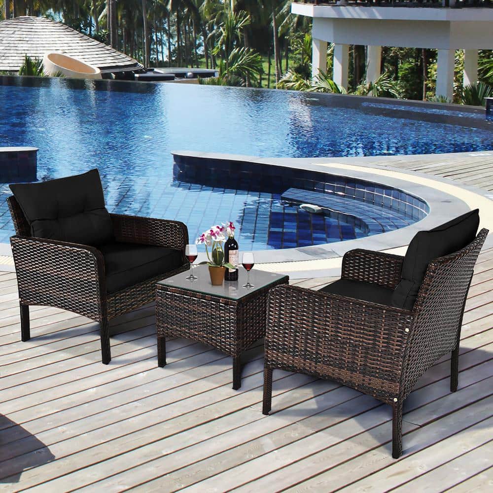 Black 3-Piece Rattan Outdoor Patio Conversation Set