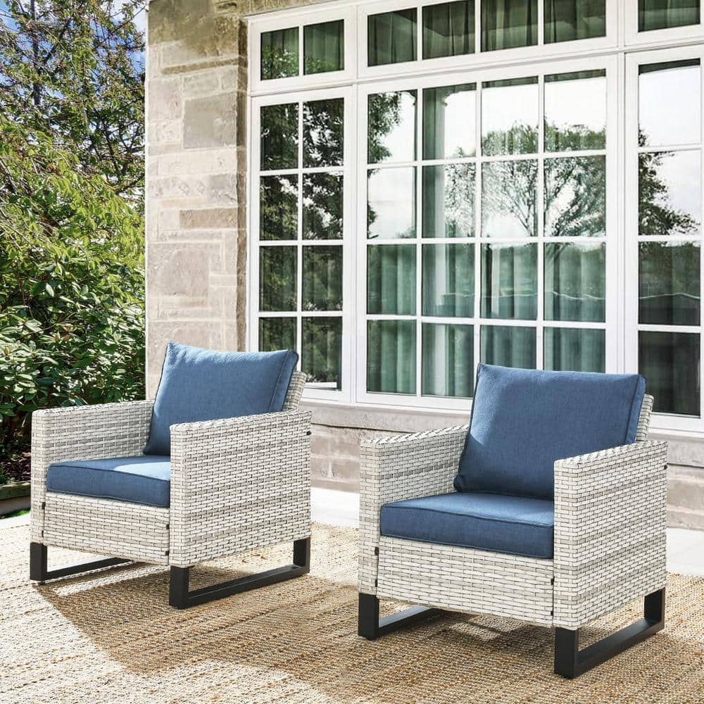 Light Beige Modern Wicker Outdoor Lounge Chair, Rattan Armchair with Navy Blue Cushions for Balcony Porch (2-Pack) price history on PriceWatchPro