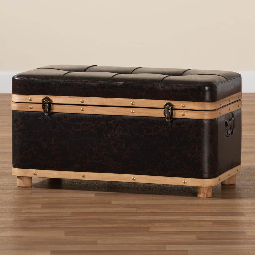 Dark Brown Faux Leather Tufted Storage Footstool with Oak Wood Bands