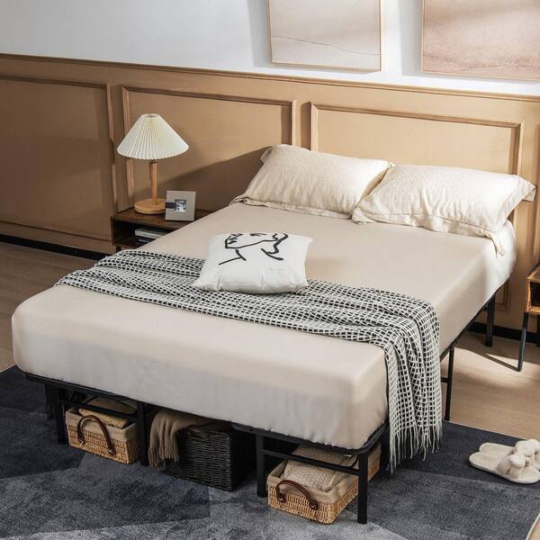 Black Steel Frame Full Size Platform Bed with Folding, Not Need Box Spring