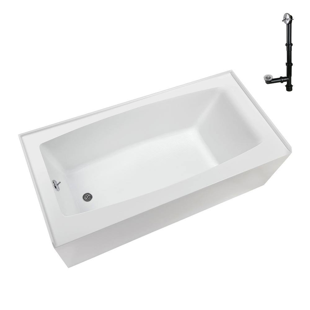 Glossy White Acrylic Rectangular Alcove Bathtub with Polished Chrome Drain