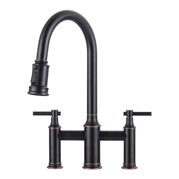 Double Handle Bridge Kitchen Faucet with 3-Spray Patterns and 360° Rotation Spout in Oil Rubbed Bronze