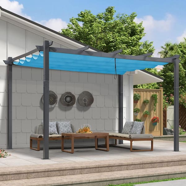 PURPLE LEAF 9.5 ft. x 13 ft. Gray Aluminum Frame Pergola Against The Wall with Blue Retractable Sun Shade Canopy for Porch Garden