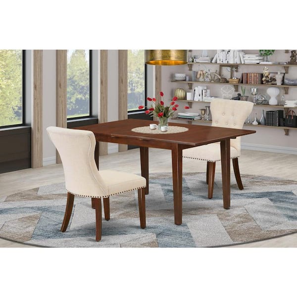 East West Furniture 3-Piece Mahogany Finish Rectangular Solid Wood Top With Butterfly Leaf Dining Table Set