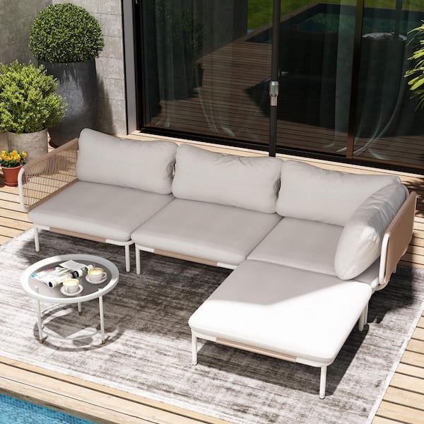4 Piece Metal Outdoor Sectional Sofa with Beige Cushions 8-Armrest