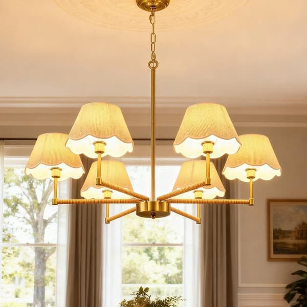6-Lights 38 in. Gold Chandelier w/Rope Plus Fabric Shade,Adjustable Kitchen Island Pendant Light Fixture for Dining Room
