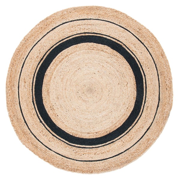 Natural Fiber 10 ft. x 10 ft. Round Black/Natural Woven Striped Area Rug