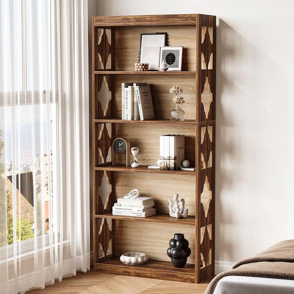 BYBLIGHT Eulas 70 in. Tall Vintage Brown Wood 5-Shelf Bookcase with Cutout Design, Freestanding Bookshelf Display Shelf