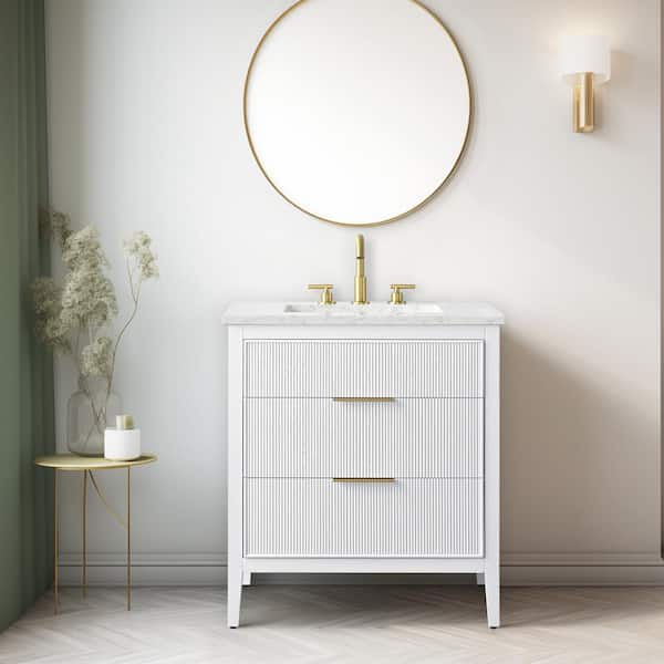 SUDIO Emma 30 in. W Bath Vanity in White with Engineered Stone Top in Arabescato with White Sink