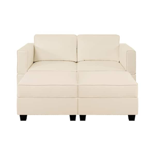 HOMESTOCK 61.02 in. W Faux Leather Loveseat with Double Ottoman, Streamlined Comfort for Your Sectional Sofa in Beige