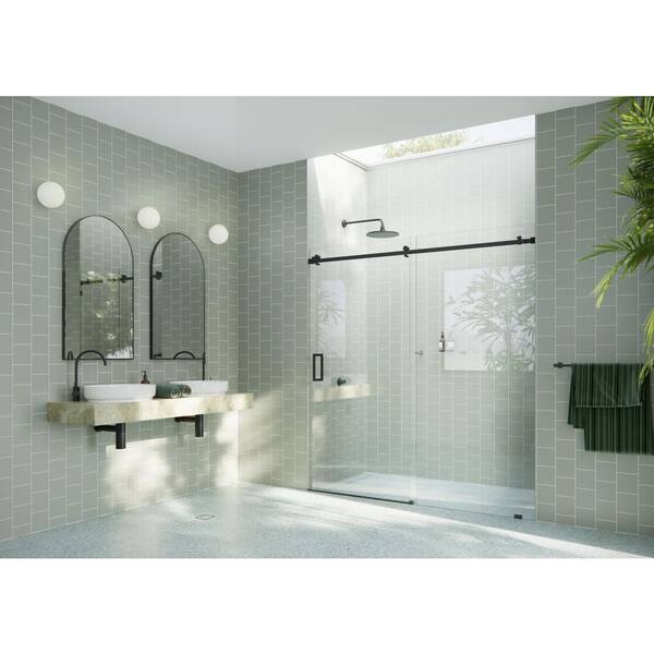Astro 68 in. W x 78 in. H Sliding Frameless Shower Door with Square Hardware in Matte Black with Clear Glass