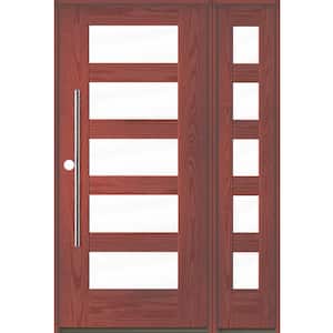 Modern Pivot 50 in. x 80 in. 5-Lite Right-Hand/Inswing Clear Glass Redwood Stain Fiberglass Prehung Front Door w/RSL