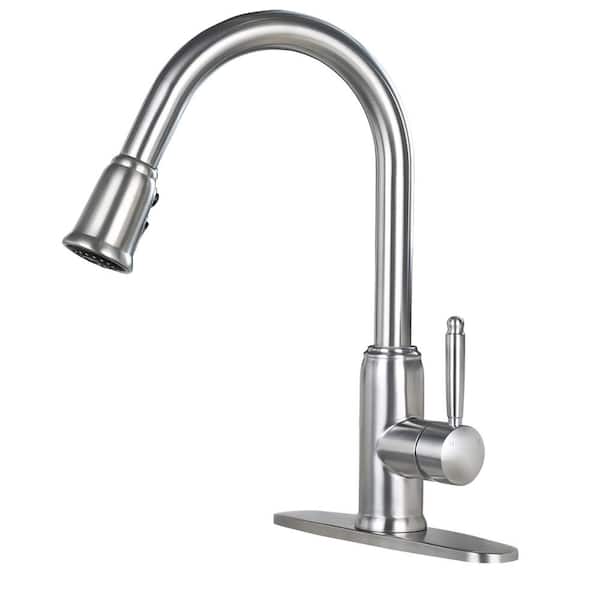 AVITAS 3-Spray Patterns Single Handle Pull Down Sprayer Kitchen Faucet with Deck Plate in Stainless Steel Brushed Nickel