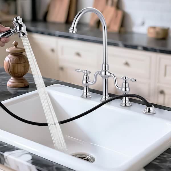 Double Handle High Arc Brass Bridge Kitchen Faucet with Side Sprayer in Polished Chrome