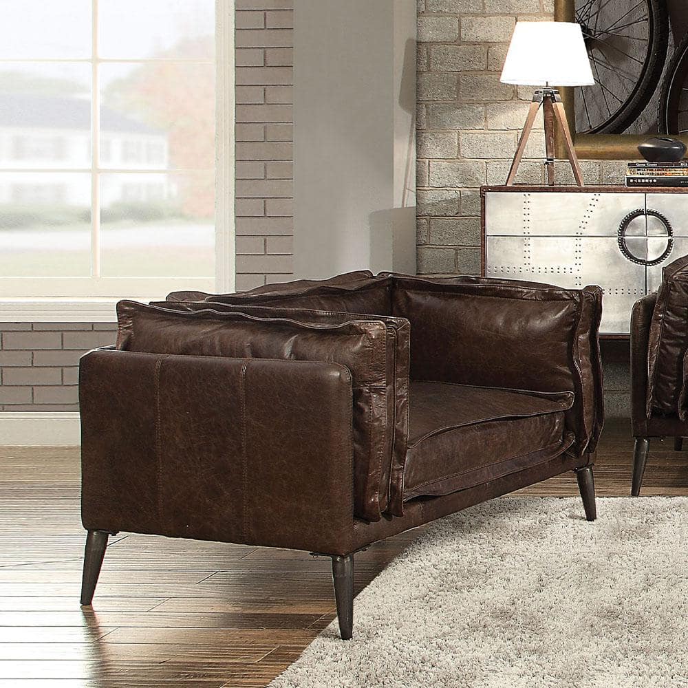 Distressed Brown Leather and Wood Accent Chair