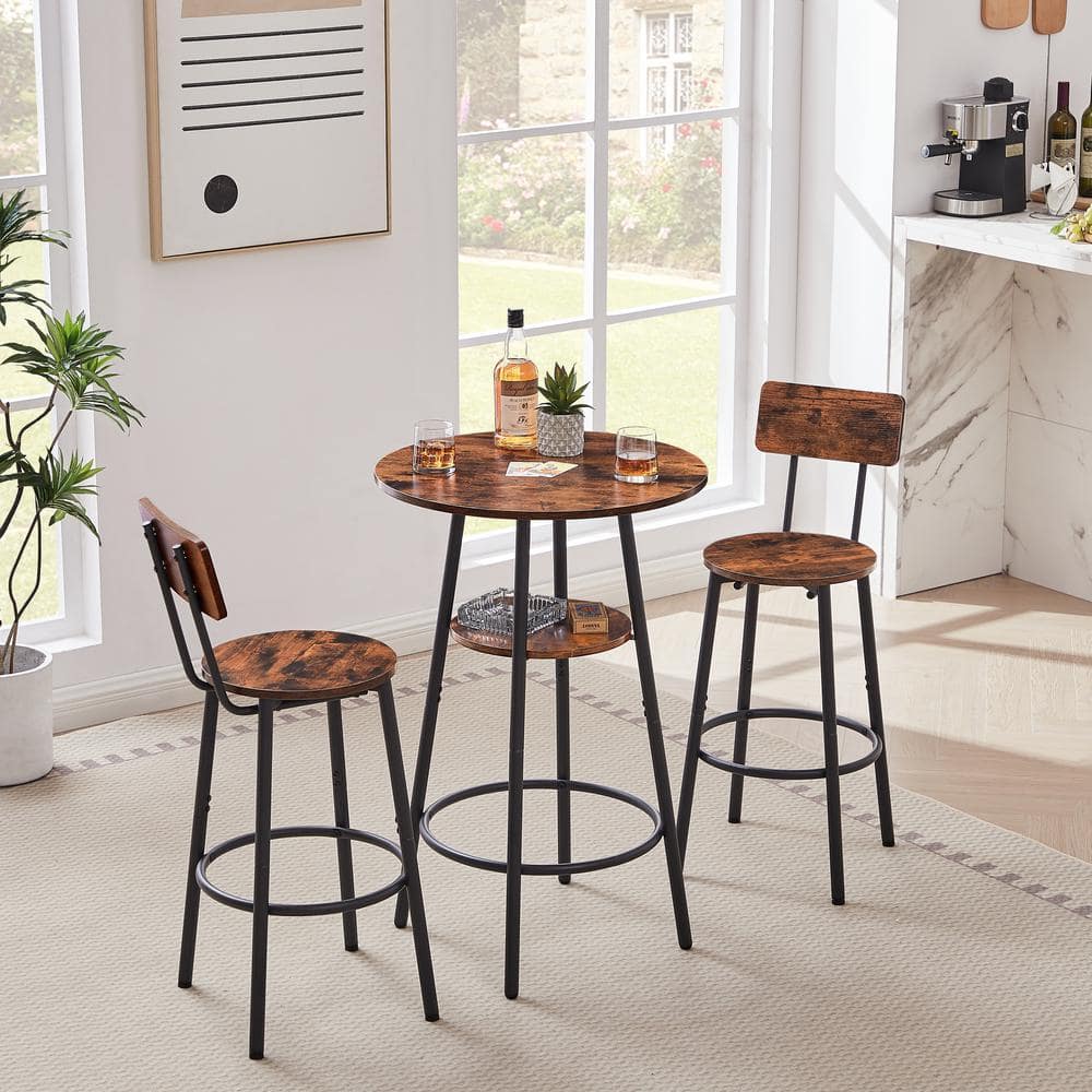3-Piece Outdoor Metal Round Bistro Set with Shelf, Upholstered Stool with B