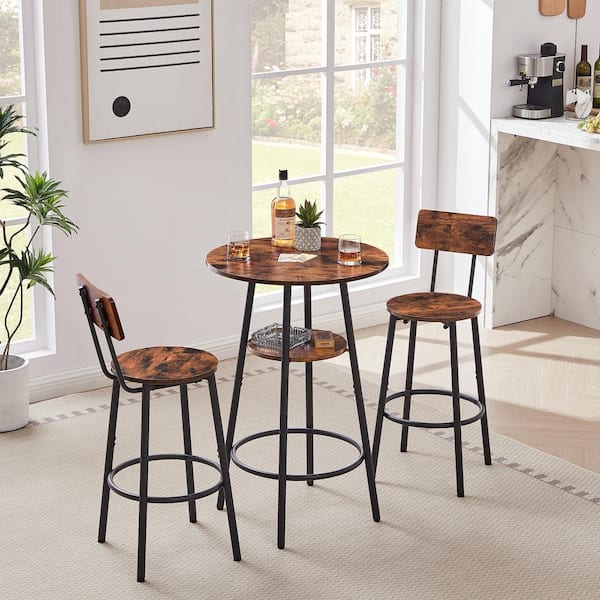 Unbranded 3-Piece Outdoor Metal Round Bistro Set with Shelf, Upholstered Stool with Backrest, Rustic Brown for Patio, Deck, Garden