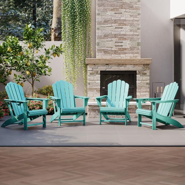 Aderson Set of 4 All Weather Fade Resistant Outdoor Patio HDPE Adirondack Chairs with Cup Holders in Turquoise