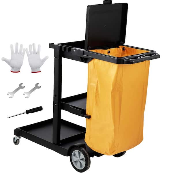 Cleaning Cart, 200 lbs. Capacity Plastic Housekeeping Cart, with 25 gal. PVC Bag and Cover, Yellow and Black