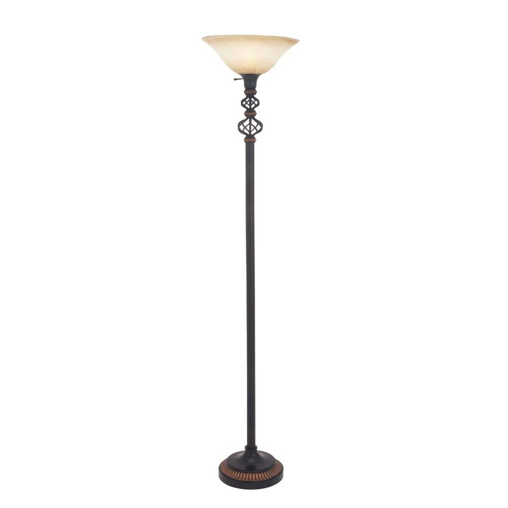 70" Black Iron Torchiere with Cream Glass Shade