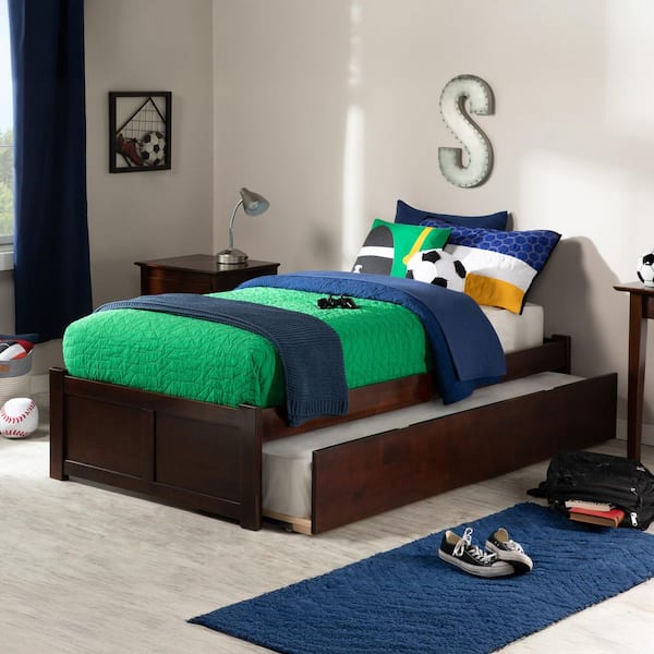 Concord Twin Platform Bed with Flat Panel Foot Board and Twin-Size Urban Trundle Bed in Walnut