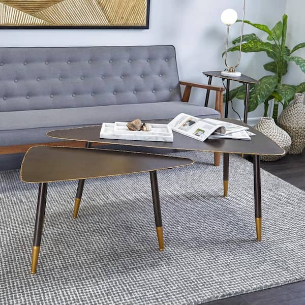Litton Lane 25 in. Black Triangle Metal Nesting End Table with Gold Feet 2-Pieces