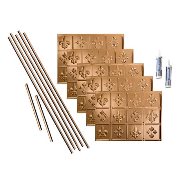Fasade Fleur de Lis 18 in. x 24 in. Polished Copper Vinyl Decorative Wall Tile Backsplash 15 sq. ft. Kit