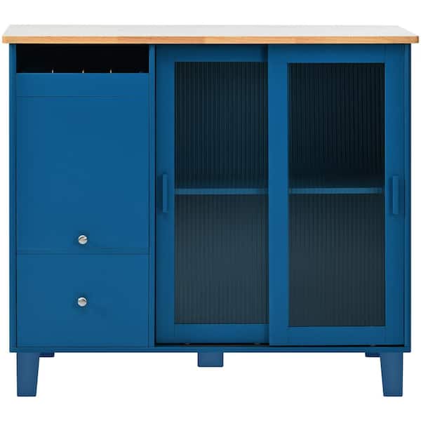 Unbranded Navy Blue Rubber Wood Kitchen Cart with Drop Leaf, 2-Fluted Glass Doors, LED Light and Flip Cabinet