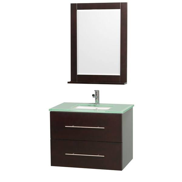 Wyndham Collection Centra 30 in. Vanity in Espresso with Glass Vanity Top in Aqua and Square Porcelain Undermounted Sink