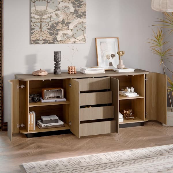 86.6 in. Light Oak Wood Buffet with Rounded Corners, 4 Drawers, Push-Latch Doors and Anti-Tip Kit