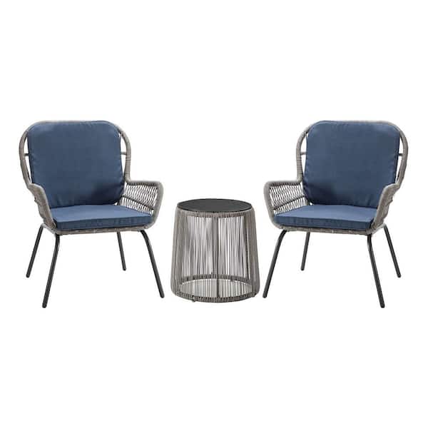 Tunearary 3 of Piece Wicker Patio Outdoor Bistro Conversation Set with Blue Cushions Table Balcony Furniture